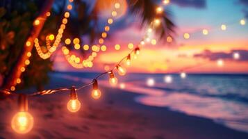 AI generated Blurred beach scene background with warm string lights and garlands. Beach bar at evening. Tranquil waves and a colorful sky. photo