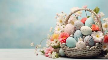 AI generated Beautiful pastel color Easter eggs and flowers in a basket with copy space. Colorful spring theme background. photo