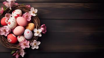 AI generated Beautiful bright color floral Easter eggs and flowers in a basket with copy space on a wooden table background. Colorful spring theme concept. photo