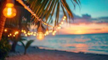 AI generated Blurred beach scene background with warm string lights and garlands. Palm trees, tranquil waves and a colorful sky. Beach bar at evening. photo