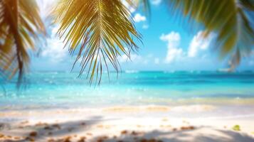 ai generado borroso playa escena antecedentes. dorado arena, turquesa agua, y un suave nubes cielo, enmarcado por el silueta frondas de un sobresaliendo palma árbol. foto
