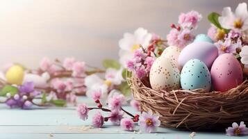 AI generated Beautiful pastel color Easter eggs and flowers in a basket with copy space. Colorful spring theme background. photo