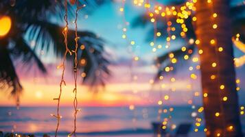 AI generated Blurred beach scene background with warm string lights and garlands. Palm trees, tranquil waves and a colorful sky. Beach bar at evening. photo