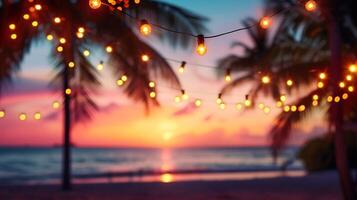 AI generated Blurred tropical beach scene background with warm string lights and garlands. Palm trees, tranquil waves and a colorful sky. Beach bar at evening. photo