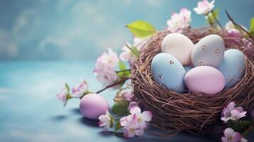 AI generated Beautiful pastel color Easter eggs and flowers in a basket with copy space. Colorful spring theme background. photo