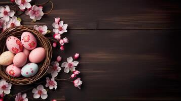 AI generated Beautiful bright color floral Easter eggs and flowers in a basket with copy space on a wooden table background. Colorful spring theme concept. photo