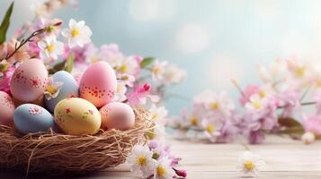 AI generated Beautiful pastel color Easter eggs and flowers in a basket with copy space. Colorful spring theme background. photo