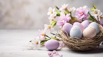 AI generated Beautiful pastel color Easter eggs and flowers in a basket with copy space. Colorful spring theme background. photo