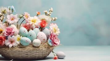 ai generado hermosa pastel color Pascua de Resurrección huevos y flores en un cesta con Copiar espacio. vistoso primavera tema antecedentes. foto