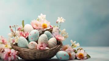 ai generado hermosa pastel color Pascua de Resurrección huevos y flores en un cesta con Copiar espacio. vistoso primavera tema antecedentes. foto