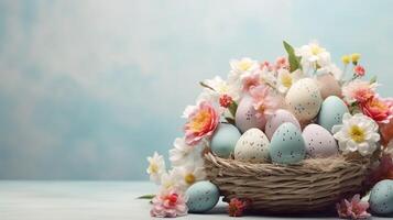 AI generated Beautiful pastel color Easter eggs and flowers in a basket with copy space. Colorful spring theme background. photo