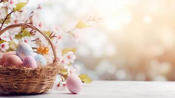 AI generated Beautiful pastel color Easter eggs and flowers in a basket with copy space. Colorful spring theme background. photo