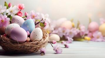 AI generated Beautiful pastel color Easter eggs and flowers in a basket with copy space. Colorful spring theme background. photo