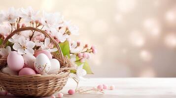 AI generated Beautiful pastel color Easter eggs and flowers in a basket with copy space. Colorful spring theme background. photo