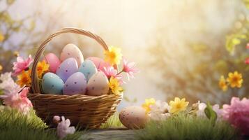 AI generated Beautiful pastel color Easter eggs and flowers in a basket with copy space. Colorful spring theme background. photo