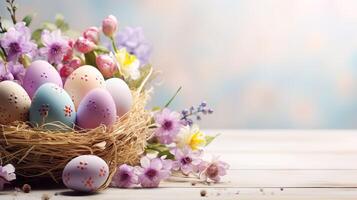 AI generated Beautiful pastel color Easter eggs and flowers in a basket with copy space. Colorful spring theme background. photo