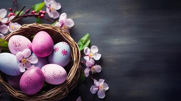 AI generated Flat lay with bright color floral Easter eggs and flowers in a basket. Blue background with copy space for greeting cards, ads, presentation. photo