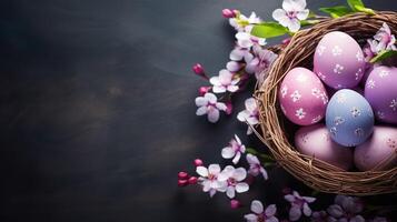 AI generated Flat lay with bright color floral Easter eggs and flowers in a basket. Blue background with copy space for greeting cards, ads, presentation. photo