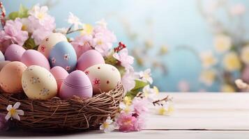 AI generated Beautiful pastel color Easter eggs and flowers in a basket with copy space. Colorful spring theme background. photo