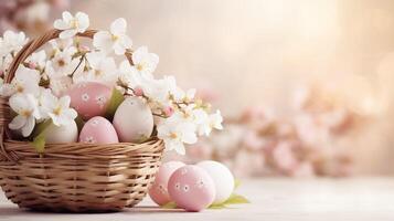 AI generated Beautiful pastel color Easter eggs and flowers in a basket with copy space. Colorful spring theme background. photo