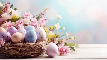 ai generado hermosa pastel color Pascua de Resurrección huevos y flores en un cesta con Copiar espacio. vistoso primavera tema antecedentes. foto