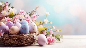 AI generated Beautiful pastel color Easter eggs and flowers in a basket with copy space. Colorful spring theme background. photo