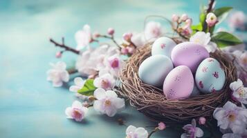 ai generado hermosa pastel color Pascua de Resurrección huevos y flores en un cesta con Copiar espacio. vistoso primavera tema antecedentes. foto