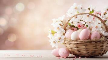 AI generated Beautiful pastel color Easter eggs and flowers in a basket with copy space. Colorful spring theme background. photo