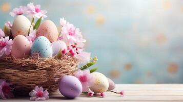 ai generado hermosa pastel color Pascua de Resurrección huevos y flores en un cesta con Copiar espacio. vistoso primavera tema antecedentes. foto