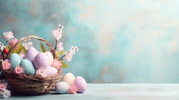 ai generado hermosa pastel color Pascua de Resurrección huevos y flores en un cesta con Copiar espacio. vistoso primavera tema antecedentes. foto
