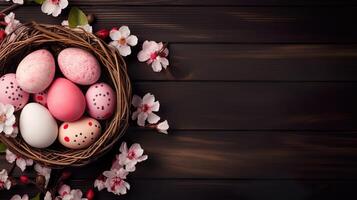 AI generated Beautiful bright color floral Easter eggs and flowers in a basket with copy space on a wooden table background. Colorful spring theme concept. photo