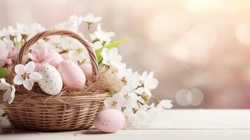 AI generated Beautiful pastel color Easter eggs and flowers in a basket with copy space. Colorful spring theme background. photo