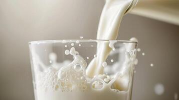 AI generated Pouring milk in glass on a light neutral background. photo