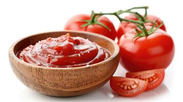 ai generado sabroso salsa de tomate en de madera cuenco y Fresco Tomates aislado en blanco, de cerca foto