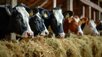 AI generated Group of cows at cowshed eating hay or fodder on dairy farm. photo