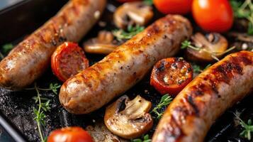 AI generated German sausages with grilled mushrooms and tomatoes.Grill pan with delicious grilled sausages photo