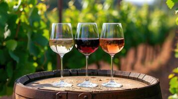 AI generated Three glasses with white, rose and red wine on a wooden barrel in the vineyard. photo