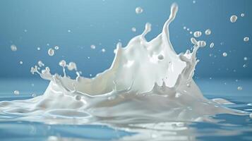 AI generated Realistic milk splash, splashing in milk pool with isolated on blue background. photo