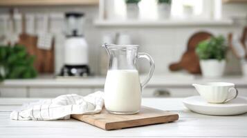 AI generated Serving breakfast milk with a jug in a glass on a white wooden kitchen table. Horizontal composition. Front view photo