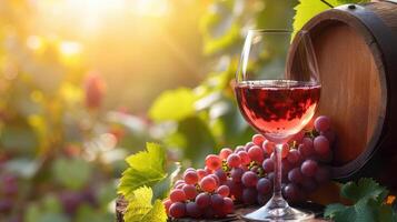 AI generated Glass Of Wine With Grapes And Barrel On A Sunny Background photo