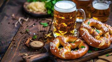 AI generated Soft pretzel and bavarian white sausage weisswurst made from minced veal and pork back bacon, mug with beer, crauti or sauerkraut, mustard. German octoberfest lunch photo