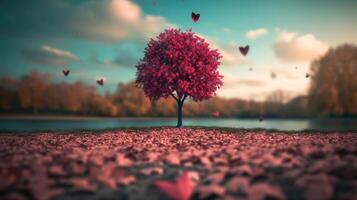 AI generated tree with leaves in the shape of red hearts, little hearts floating, photo