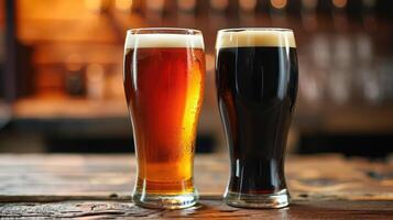 AI generated Glasses with different sorts of craft beer on wooden bar. Tap beer in pint glasses arranged in a row. Closeup of five glasses of different types of draught beer photo