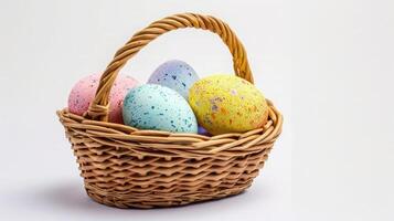 AI generated Multi colors Easter eggs in the woven basket isolated on white background with clipping path. Pastel color Easter eggs photo