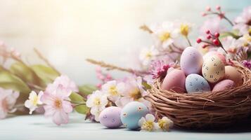 AI generated Beautiful pastel color Easter eggs and flowers in a basket with copy space. Colorful spring theme background. photo