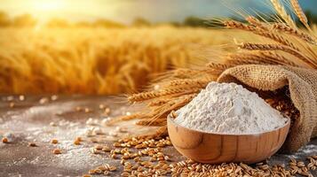 AI generated wheat flour in bowl and grains in burlap bag on table with ripe cereal field on the background photo