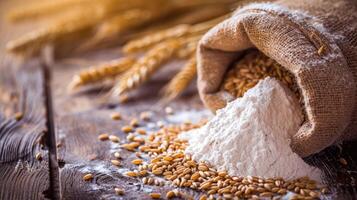 AI generated Organic Natural Whole Grain Flour in Sacks and wheat seeds Ears of wheat on an old wooden floor photo