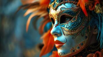 AI generated Beautiful young woman in a carnival masquerade parade mask on a blurred dark blue background with bokeh lights. photo