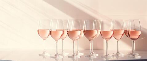AI generated Group of glasses with white wine on a peach pink table. Minimalist trendy background with copy space. Sunlight and shadows. photo