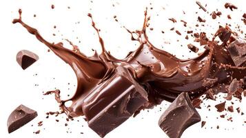 AI generated piece of chocolate explosion isolated on white background with clipping path. Full depth of field photo